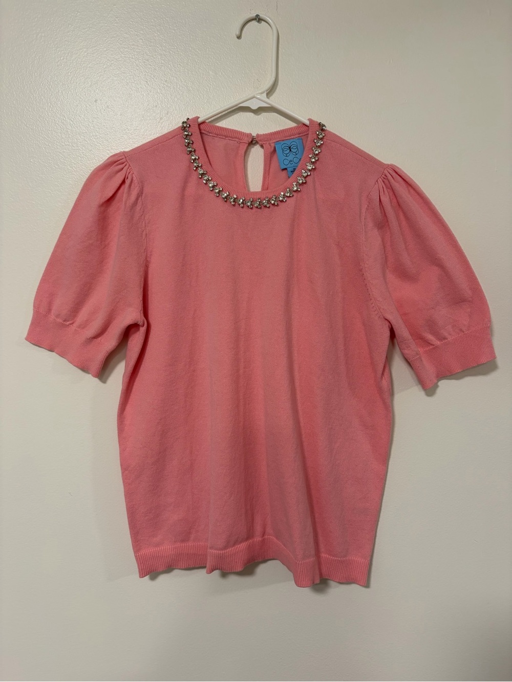 CeCe Pink Mickey Mouse Jeweled Puff-Sleeve Knit Top